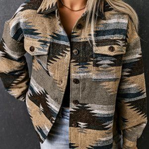 Blue Distressed Aztec Print Lapel Long Sleeve Button Shirt Jacket